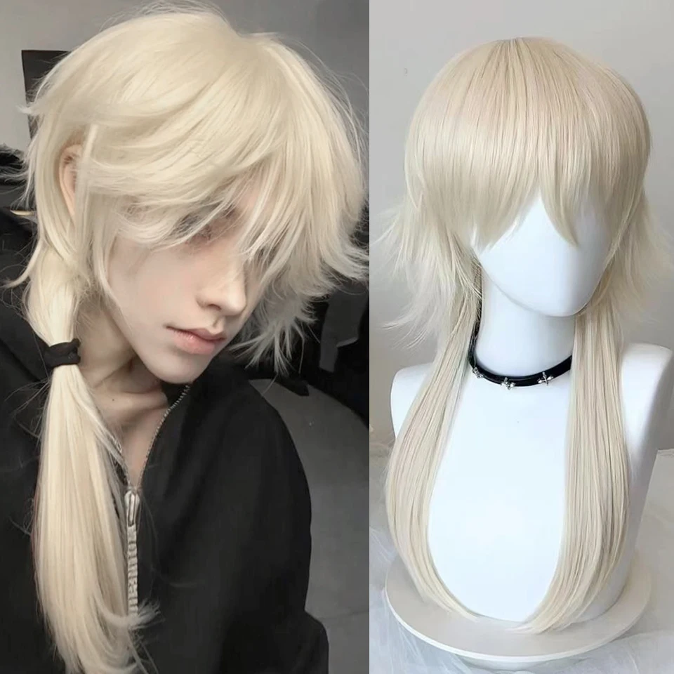 Gold Long Straight Synthetic Mullet Head Wig Wolf Tail Layered Fluffy Women and Men Wig for Daily Party Lolita Cosplay