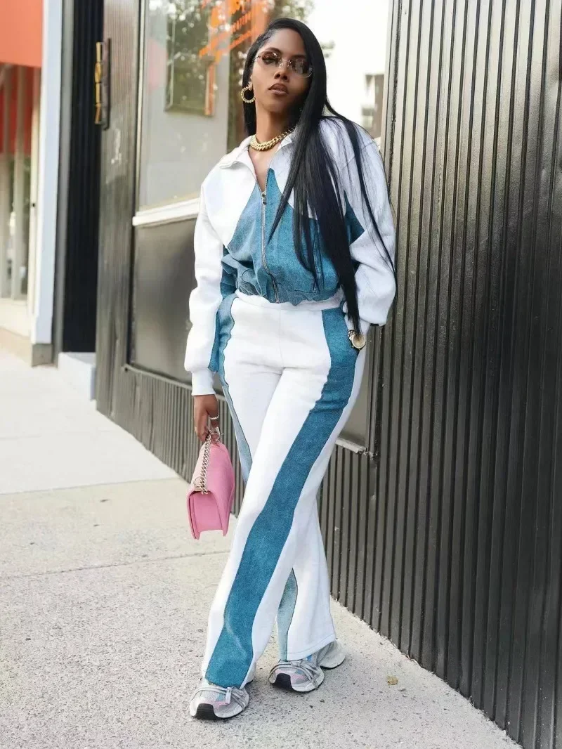 

GUWU Fashion Denim Patchwork Women's Set Long Sleeve Zipper Front Jacket and Jeans Pants Two 2 Piece Set Outfit Tracksuit