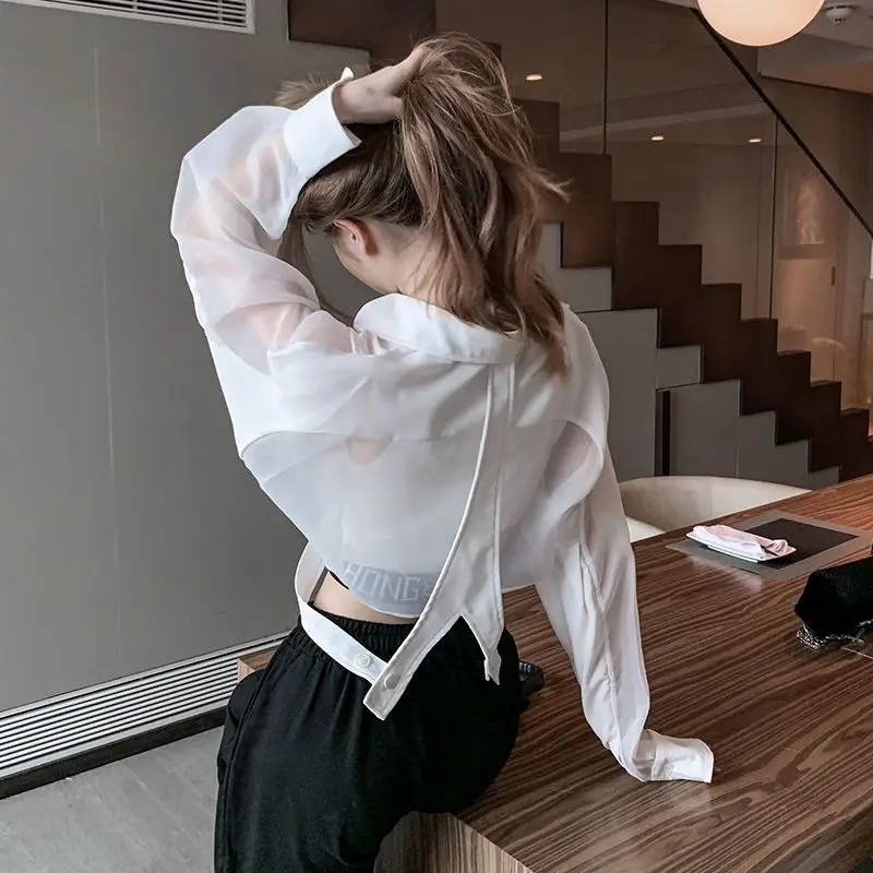 Shirts Women Retro Chic Patchwork Design Sexy Elegant Ladies Crop European Style Turn-down Collar Streetwear All-match Spring