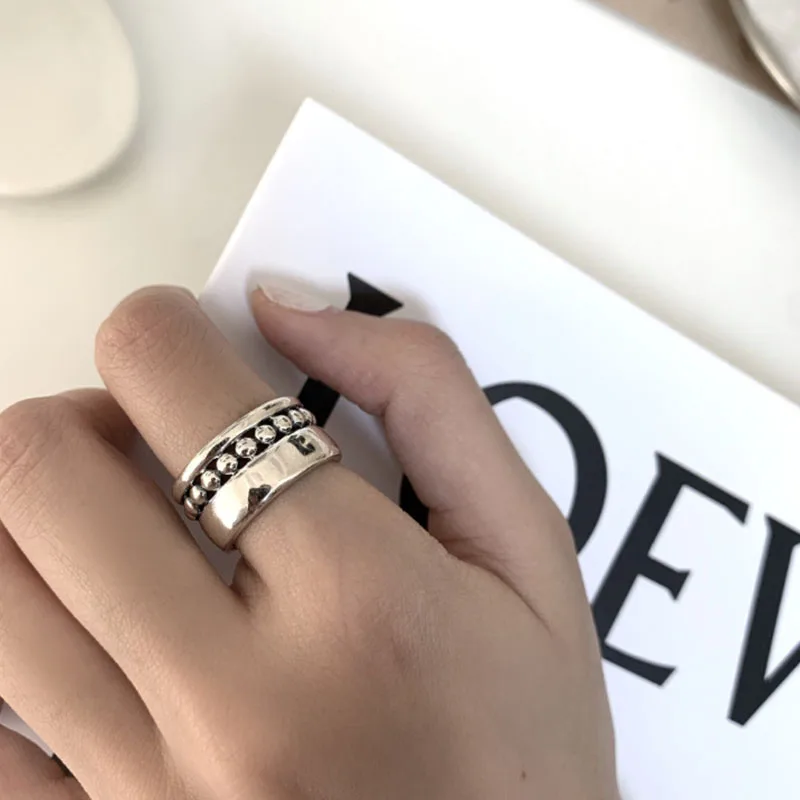 Bild 5: 925 Sterling Silber Geometrischer Mehrschichtiger Runder Perlenring Damen Mode Punk Temperamentvoll Allergievorbeugend Charmanter Schmuck