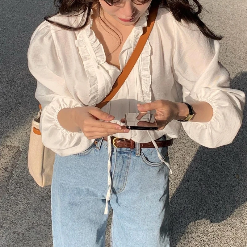 

Spring Autumn White Lace Up Women's Blouse 2025 New Ruffles Long Sleeve Korean Casual Loose V-neck Shirts Female