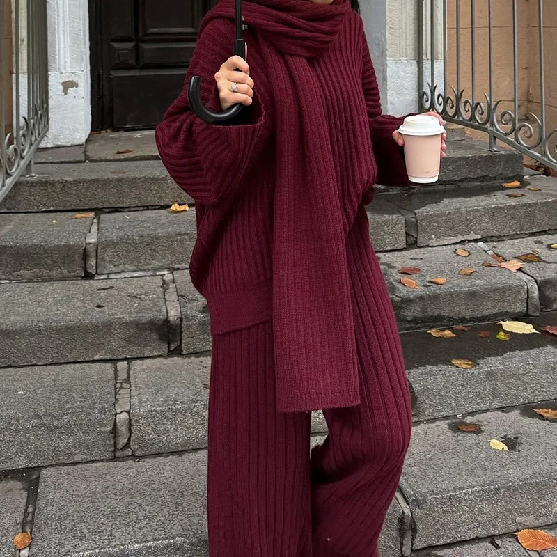 Moda retro conjunto de camisola de malha com cachecol cor sólida casual chique calças femininas 2 pçs conjunto outono inverno na moda roupas femininas