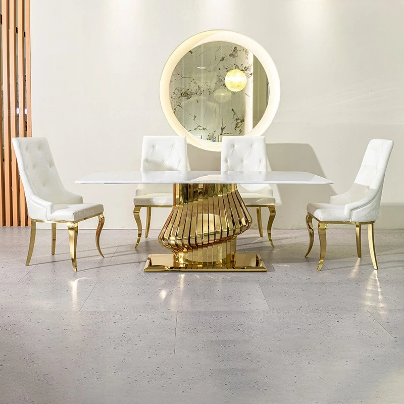 

Italian light luxury marble dining table, family villa, high-end golden stainless steel dining table, restaurant, large long