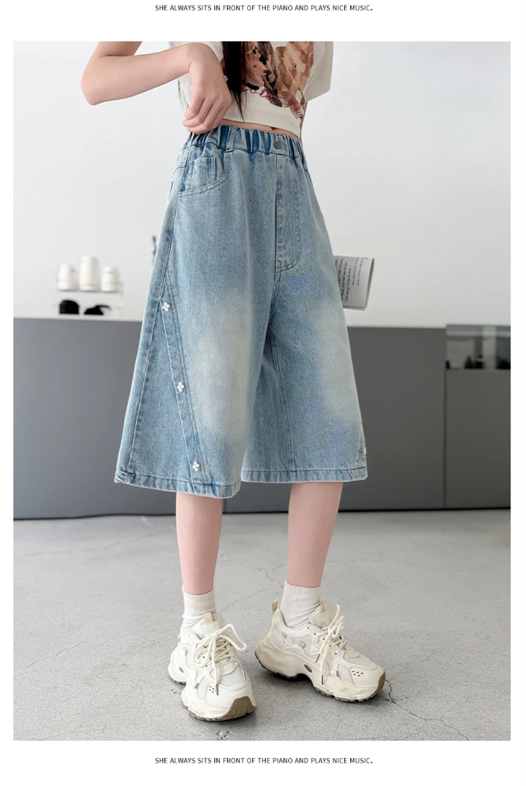 Sommerliche Mädchen-Mode-Jeans-Shorts mit Perlen für Kinder, lässige knielange Jeanshosen, elegante blaue Jeans für junge Mädchen, Sonderangebote. – Detail 5