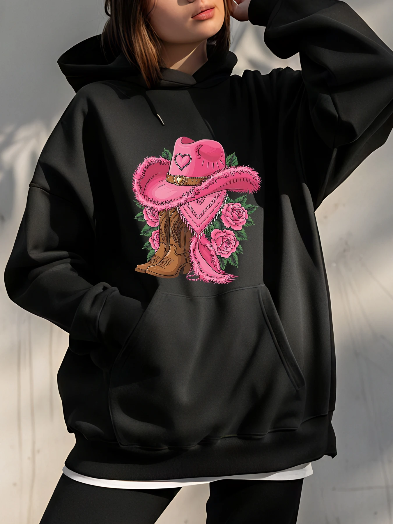 

Розовая ковбойская шляпа и ботинки ко Дню святого Валентина, толстовка с принтом, свободная посадка, повседневная толстовка, женская модная уличная одежда, стильный наряд