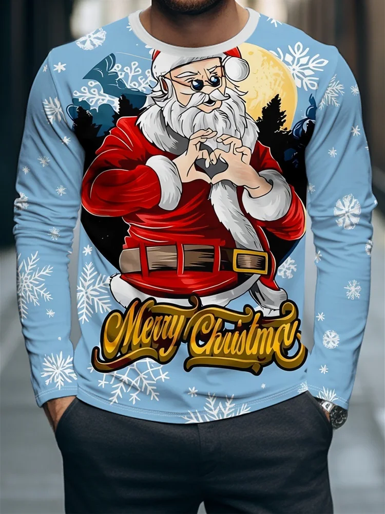 Men's Christmas Santa Claus Heart Hands Long Sleeve T-Shirt Blue Snowflake Moon Graphic Tee Xmas Holiday Pullover Tops Gift