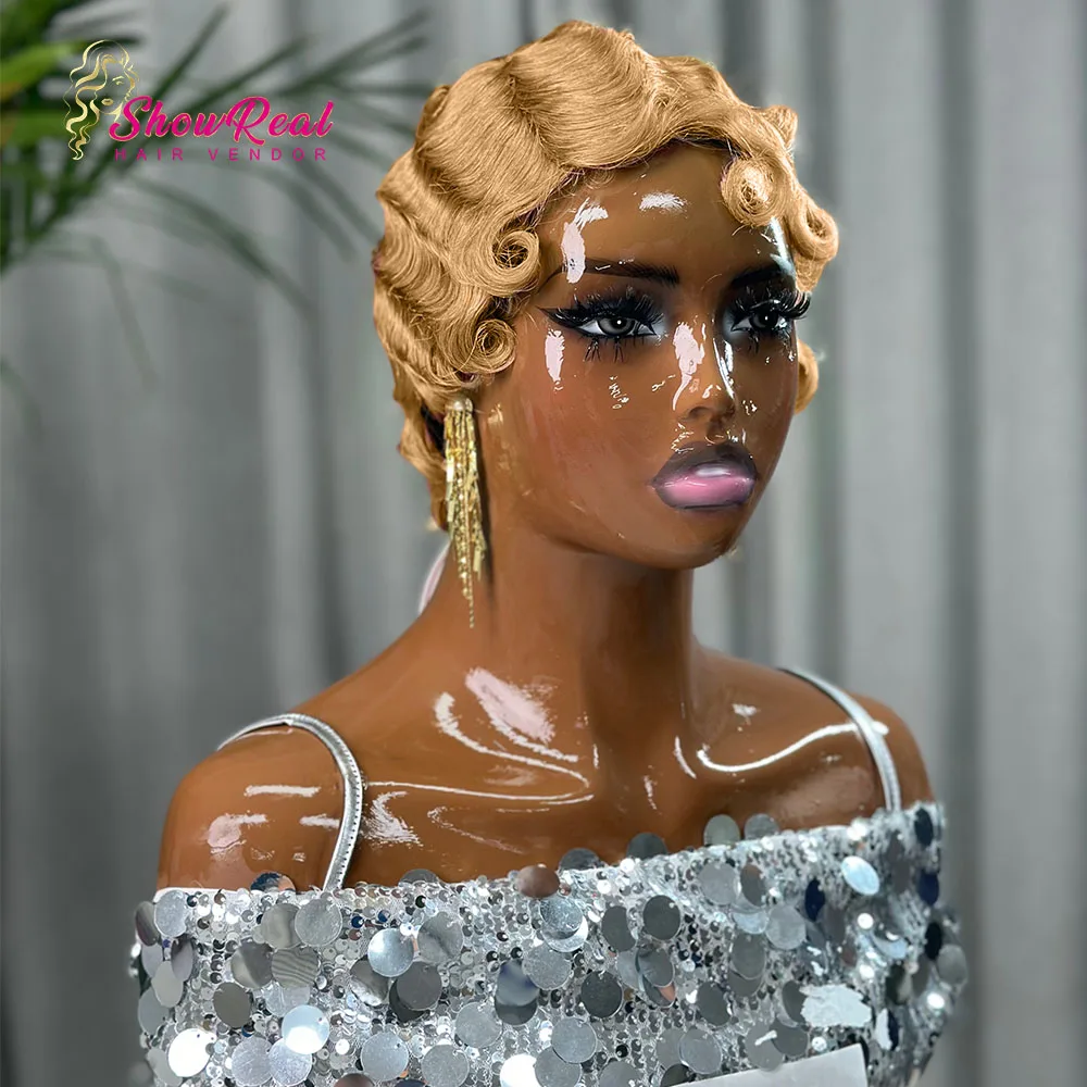 

Short Wigs for Women Human Hair Honey Blonde Ocean Finger Wave Pixie Cut Wig Human Hair Glueless Costume Wig Layered Brazilian Virgin Black Color No Glue Wig for Daily Use