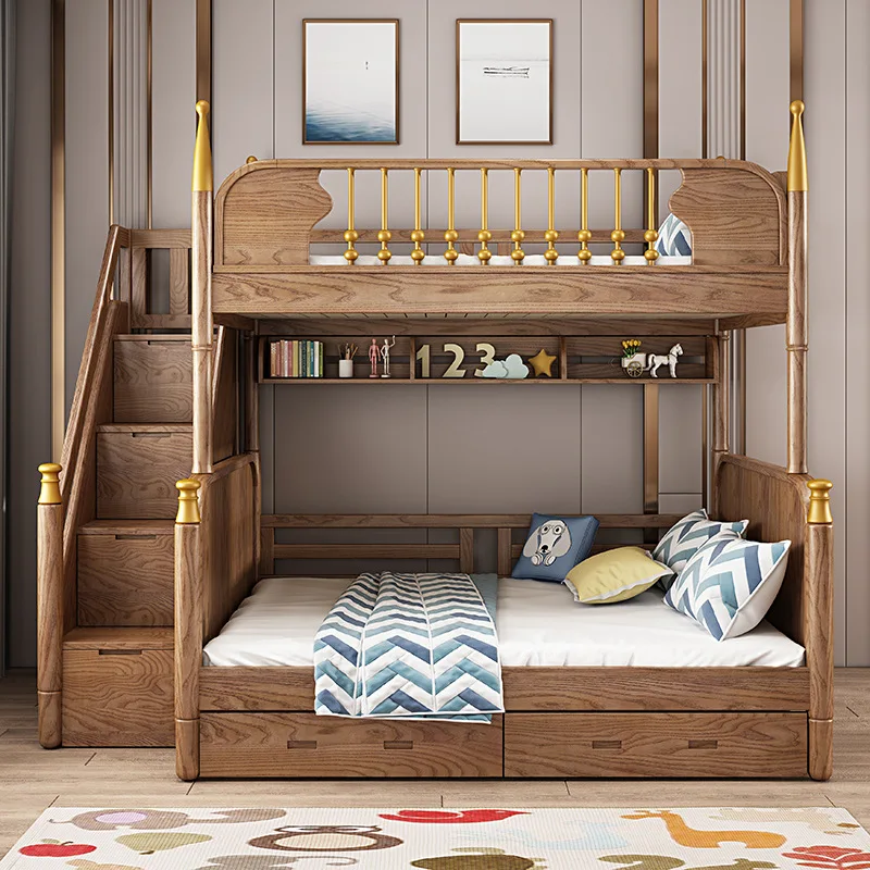 Children's misplaced high and low bed Multifunctional children's Bunk Bedroom Under the White wax all solid wood apa