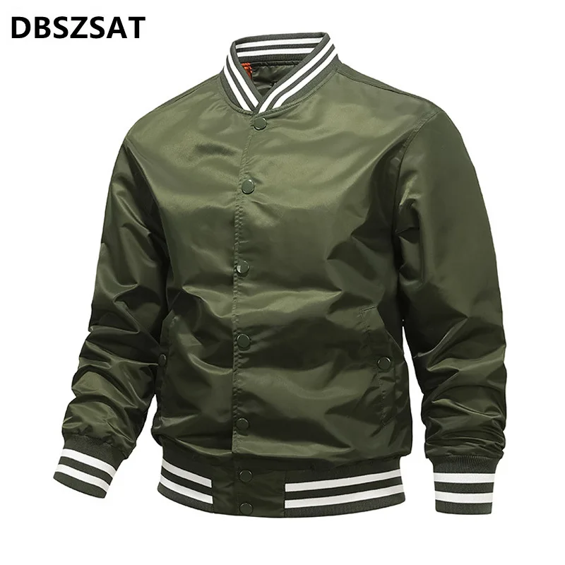 

Spring Autumn Bomber Jacket Men Striped Stand Collar Solid Army Green Jackets Windbreaker Casual Outdoors Coats Streetwear Male