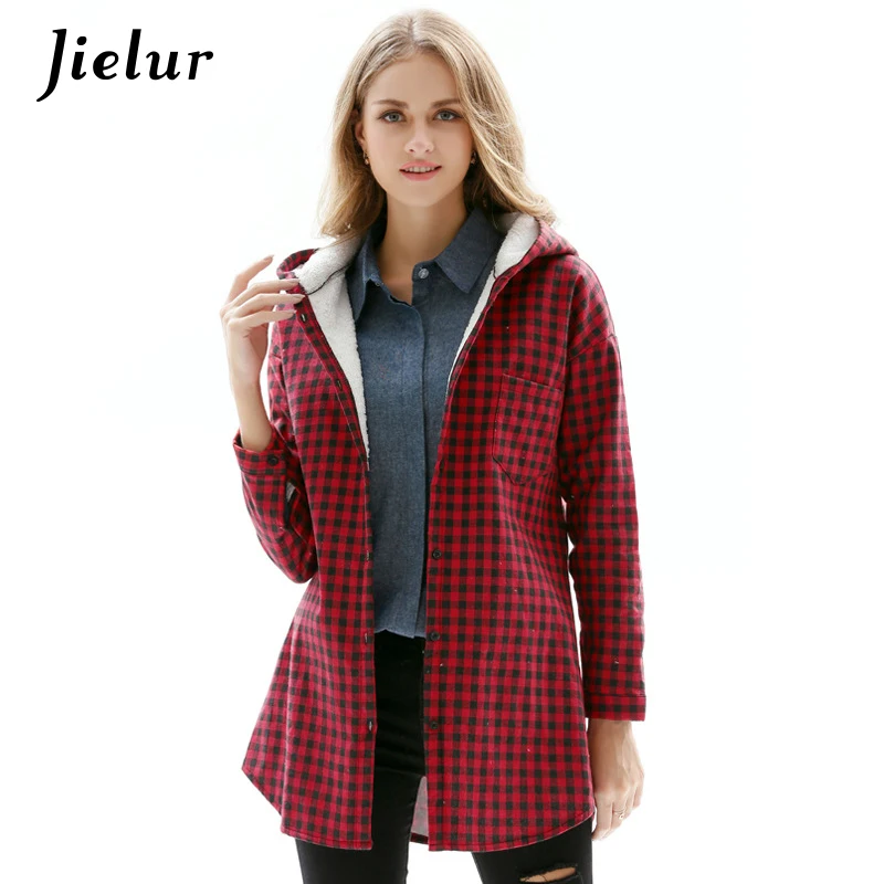 Winter Europe Fleece Women\'s Shirt Fashion Hooded Red Plaid Shirts M-3XL Size Casual Long-sleeved Tops Warm Blusas