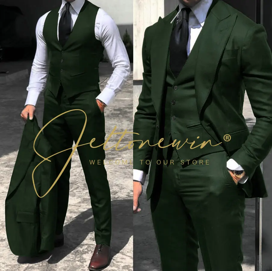 2021 Màu Đen Cổ Điển Nam Phù Hợp Với 3 Miếng Tuxedo Cao Điểm Lưng Phù Rể Cưới Phù Hợp Với Bộ Thời Trang Nam Kinh Doanh Áo Khoác Blazer + quần + Áo Vest