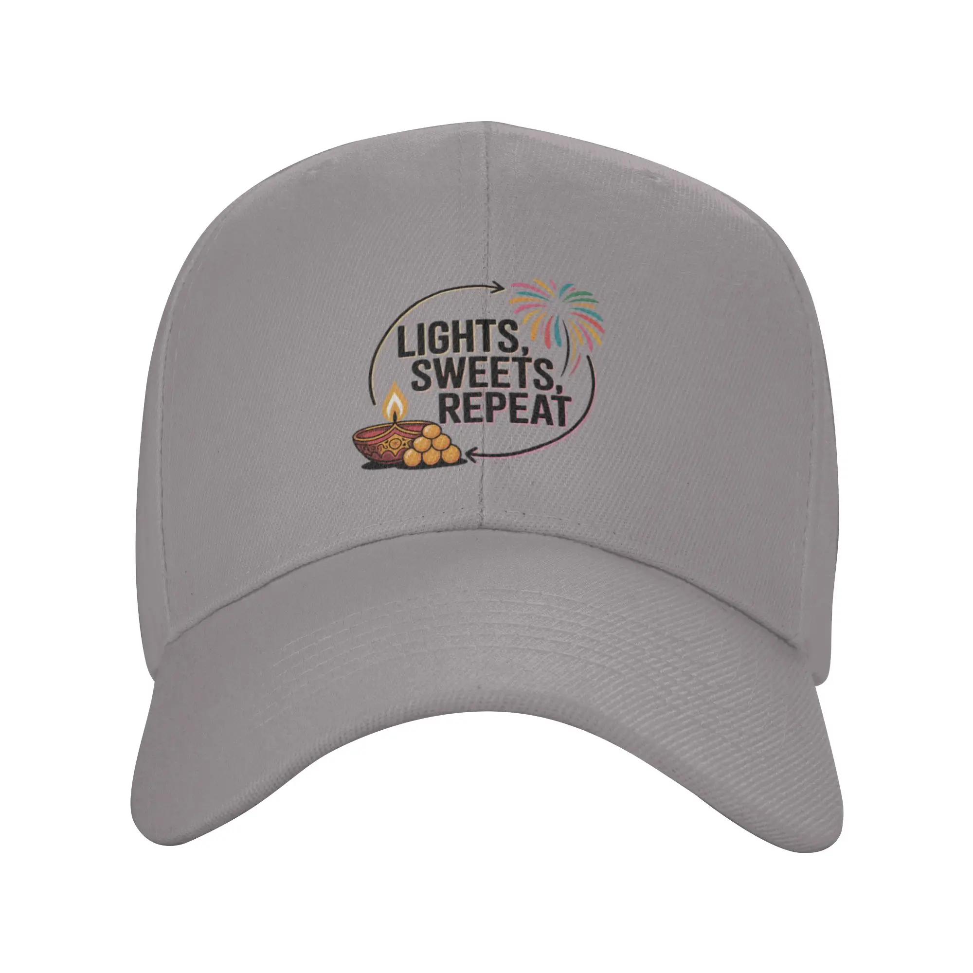 Hot Sale Lights Sweets Repeat   Fun Diwali Festival Design Baseball Cap  Breathable Fabric Men's Cap  Camping Picnic Men's Cap