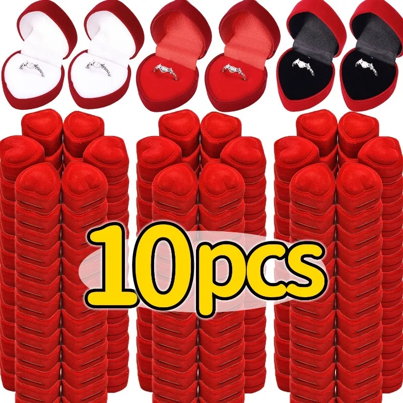 1/10Pcs Flocking Red Heart Shape Ring Boxes Wedding Earrings Rings Display Holder Valentine Day Gift Romantic Jewelry Organizer