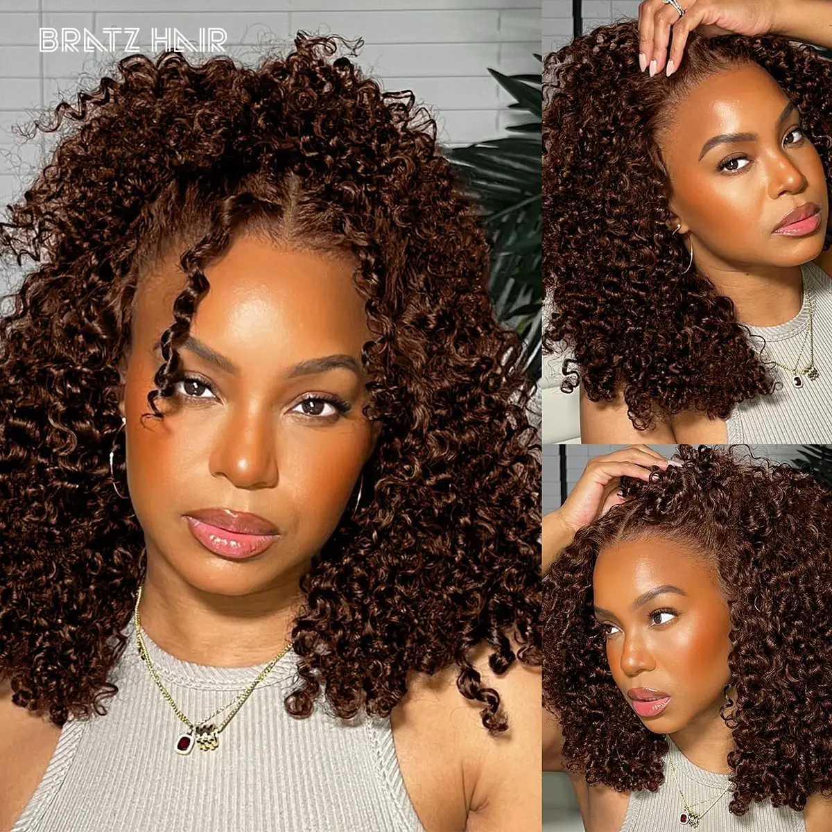 Super Double Drawn Brown 5by5 Closure Pixie Curly Wig Human Hair 13x4 Lace Front Deep Curly Bob Wig for Woman Glueless Wigs view 4