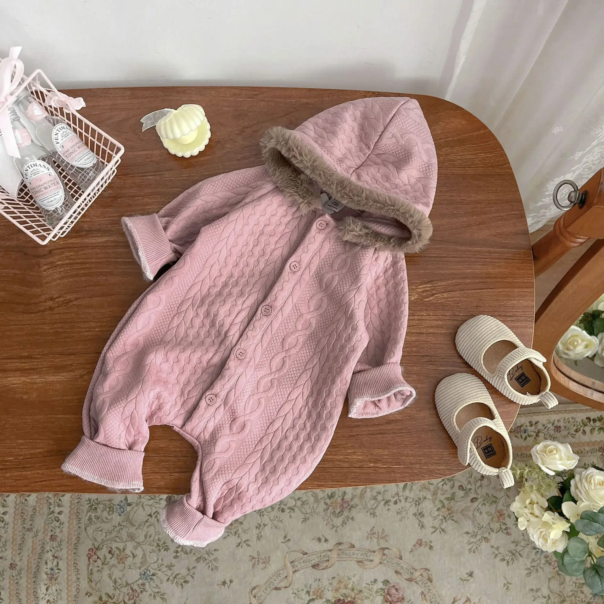 

Baby Clothing Kids Romper Autumn and Winter Thickened Girl Hooded Warm Solid Color Autumn Winter Casual Simple Kids Romper
