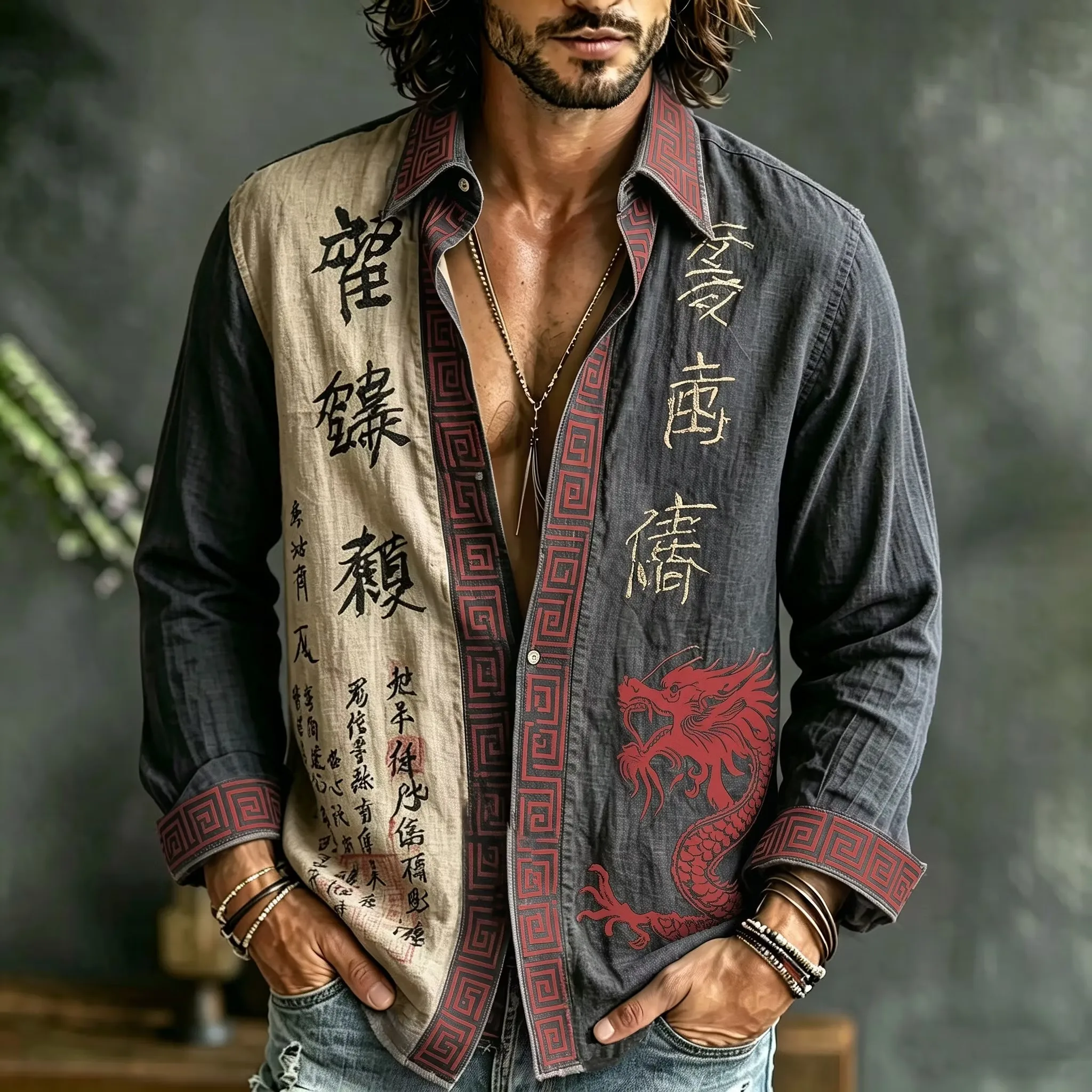 New men's Chinese calligraphy dragon pattern splicing 3D printed long sleeved shirt trendy retro lapel casual shirt