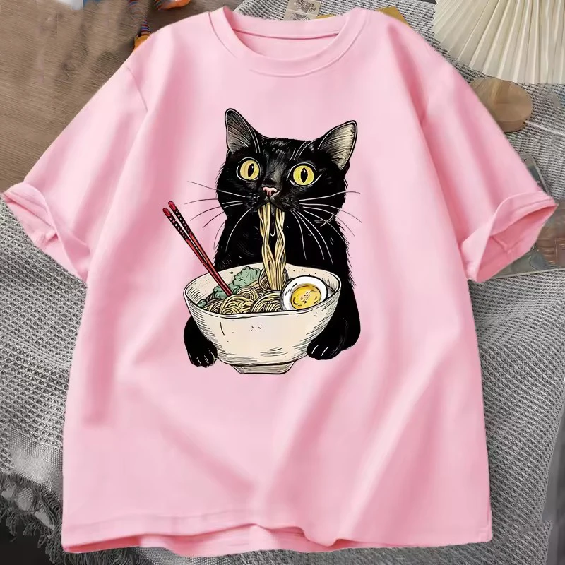 Retro Baumwoll-Nudel-Ramen-Katzen-T-Shirt, Foodie-Liebhaber-T-Shirts, Schwarze Katzen-T-Shirts, Lässiges Kurzarm-T-Shirt für Männer und Frauen – Detail 5