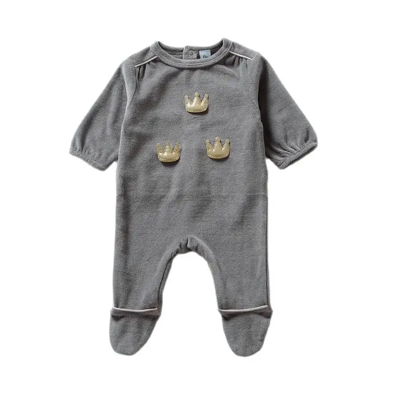 Baby footies rompers clothes long sleeves newborn overalls kids boy and girls grey clothes baby velour winter crown romper