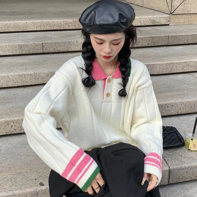 

Полосатые пуловеры женские свободные милые с длинными рукавами весенняя уличная одежда вязаные простые Ulzzang универсальные повседневные модные студенческие Ins