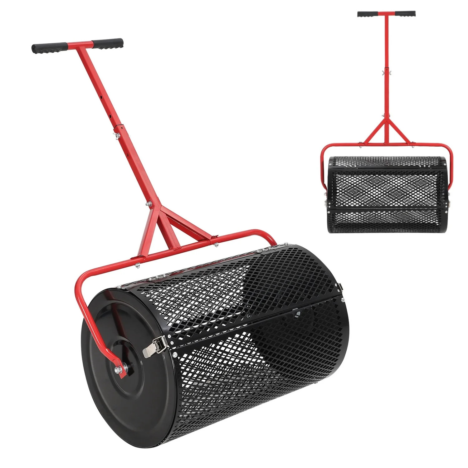 Compost Spreader, 24 Inch Peat Moss Spreader with T Shaped Handle, 3 Heights Adjustable, Top Soil Spreader with Side Latches, Powder-Coated Peat Moss Roller, Grass Seed Spreaders for Planting Seeding
