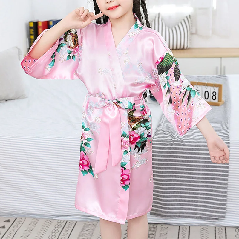 Girl Sleepwear Kimono Robe Wedding Party Flower Baby Nightdress Floral Bath Towel New Fashion Night Play Silk Satin Bathrobe Kid