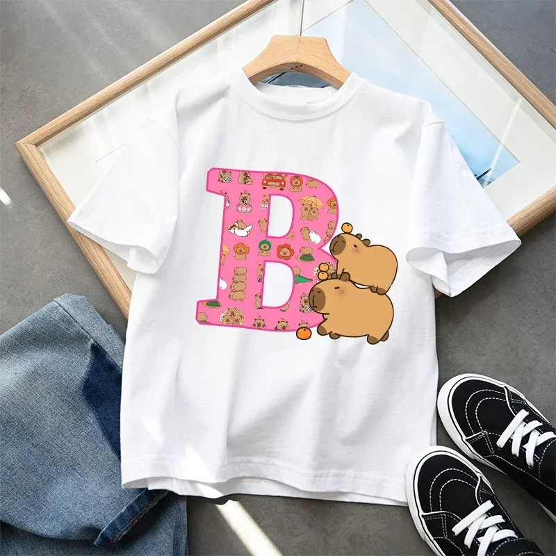 Cute Cartoon Capybara Kids T-Shirt Cotton Short Sleeve A-Z Letter Print Summer Top for Girls Child Fashion Gift Item