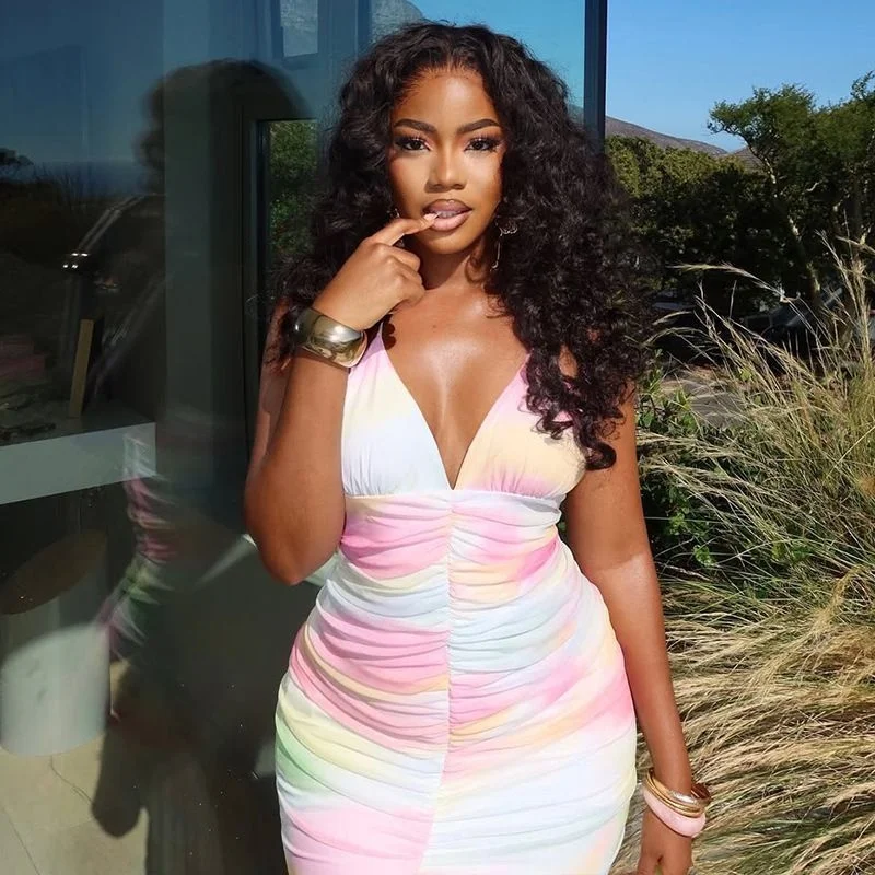 

Women's Tie-Dye Halter Maxi Dress - Deep V Neck Ruched Bodycon High Low Hem Sleeveless Party Cocktail Dress Summer Fashion