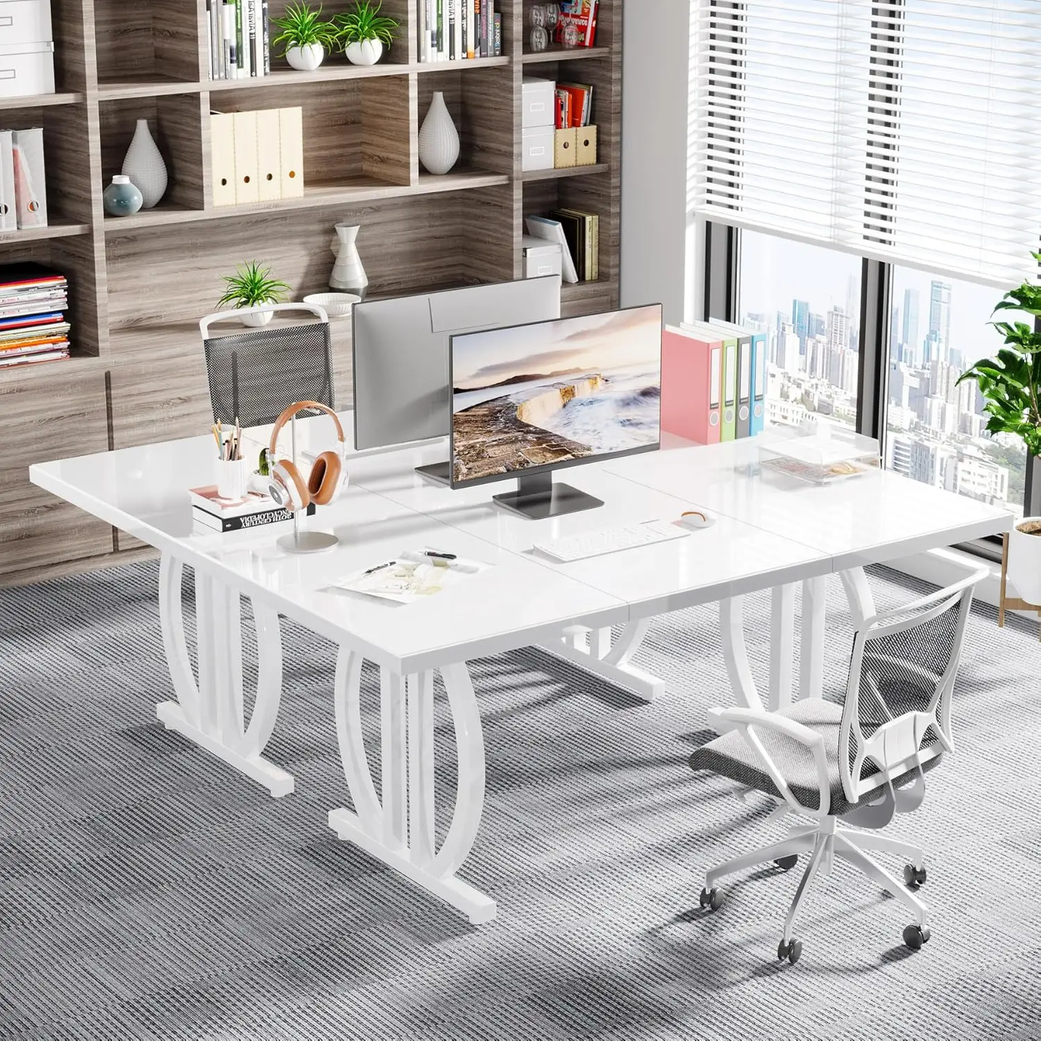 Executive Modern Computer Desk White Metal Geometric Base 63