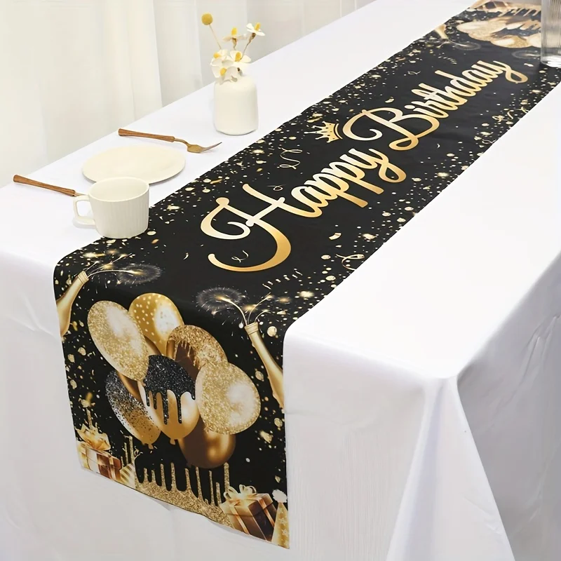 VIKAMA Black Gold Birthday Balloon Star Table Runner, Elegant Rectangular Dining Table Cover for Birthday Party Home Decor