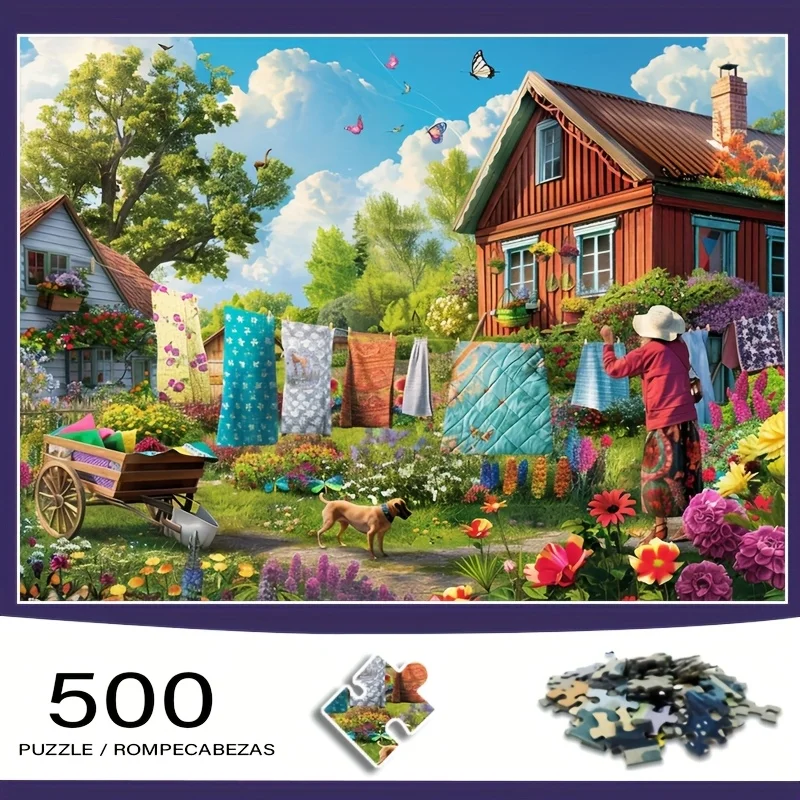 500pcs Adult Mini Puzzle Box with Houses and Drying Clothes Design - Scratch-Resistant, High Difficulty Level for Grown Ups, F