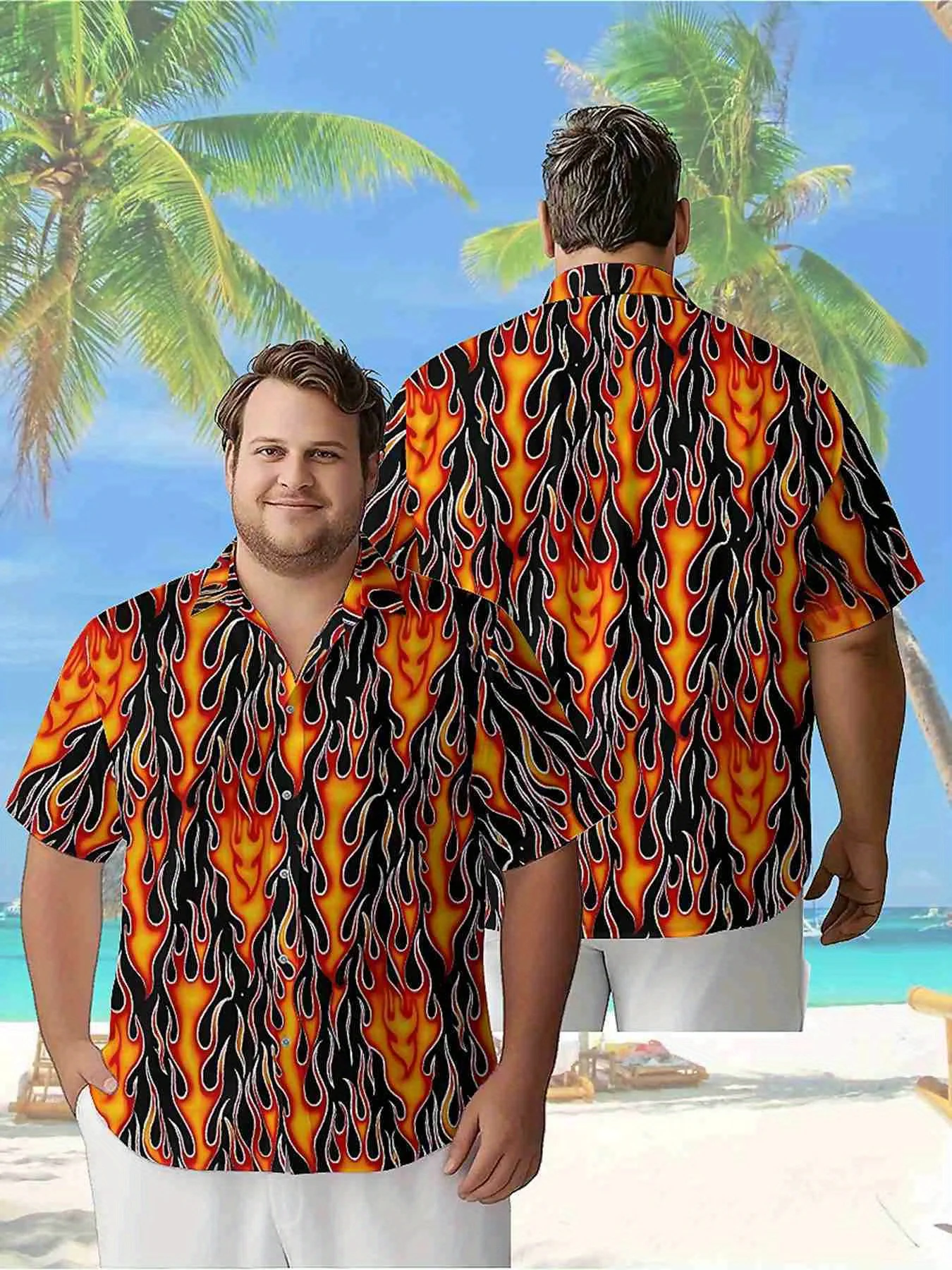 Men's Plus Size Hawaiian Shirts Flame Heart pattern, Unisex Aloha Shirts,New in Summer Tops Tee,streetwear