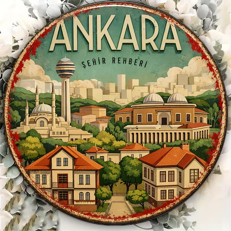 2D Flat Round Sign, Vintage Plaque Featuring Ankara Cityscape, Turkish Travel Souvenir Decorative Sign