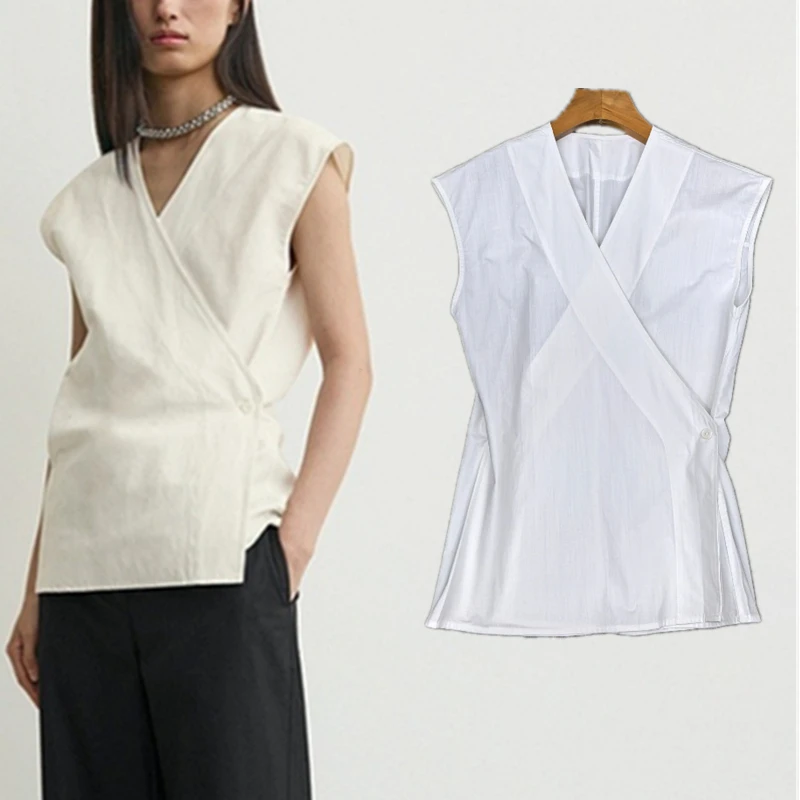 

Минималистичная женская одежда Maxdutti, хлопково-льняная рубашка без рукавов, хлопково-льняная рубашка для женщин, рубашка-кимоно с V-образным вырезом для повседневной носки