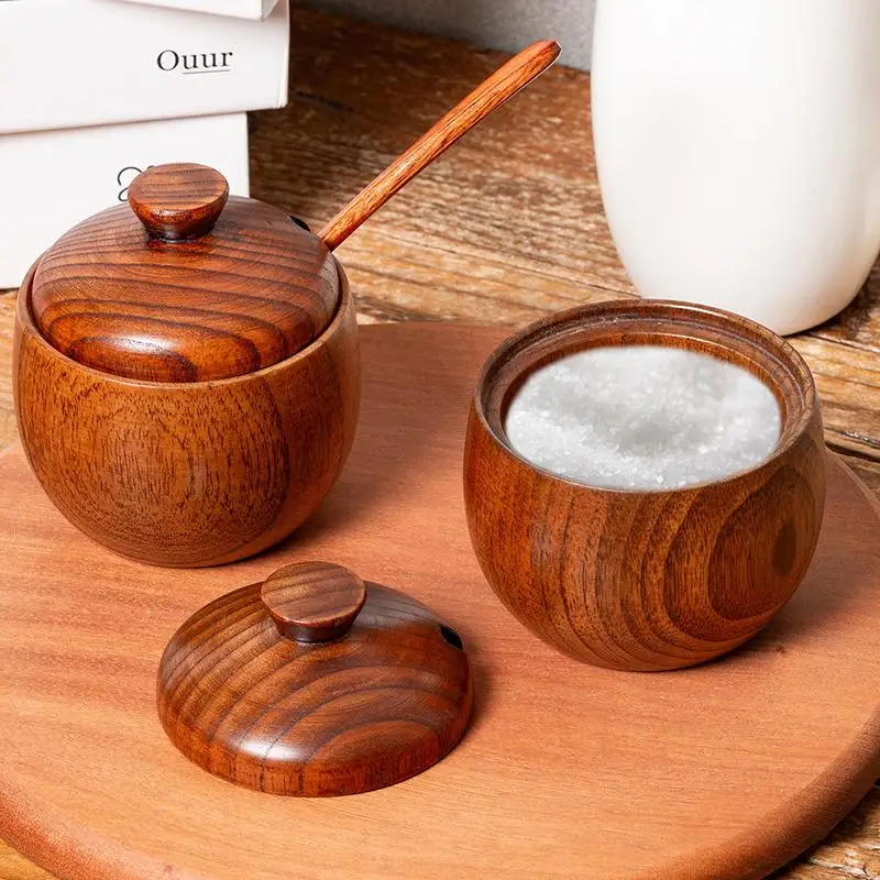 Wooden Salt Shaker Vintage Seasoning Jar With Lid And Spoon Salt Cellar Sugar Spice Jar Chili Seasoning Container Jars Salt Box
