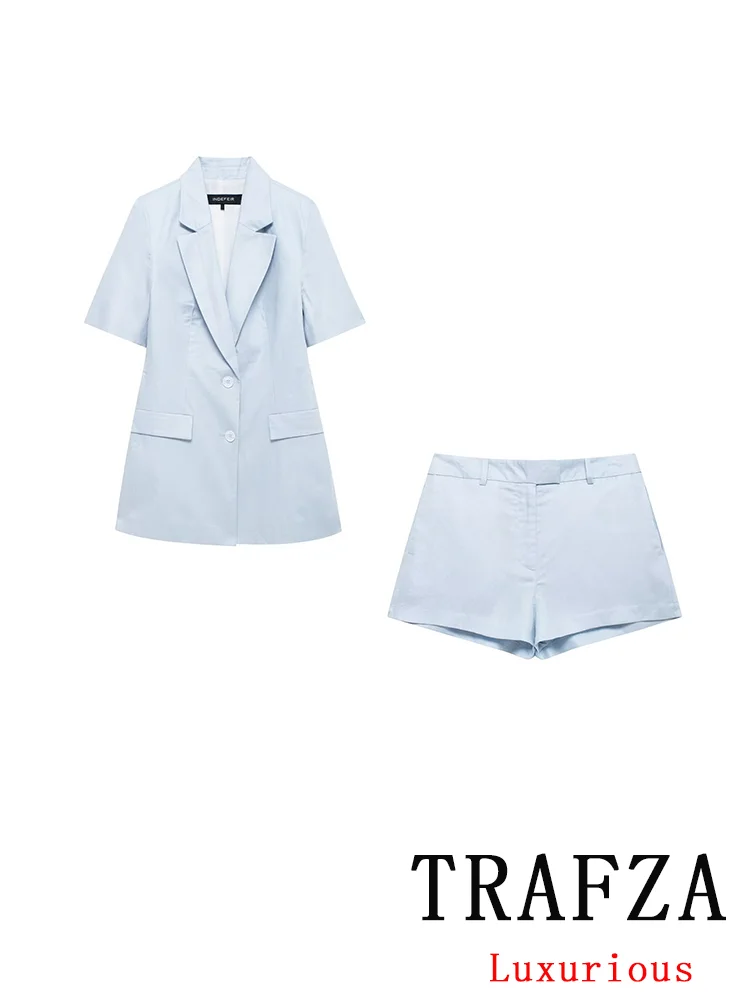 TRAFZA Vintage Chic Women Solid Suit V-Neck Short Sleeve Slim Blazer Straight Shorts Fashion 2024 Summer Office Lady Sets