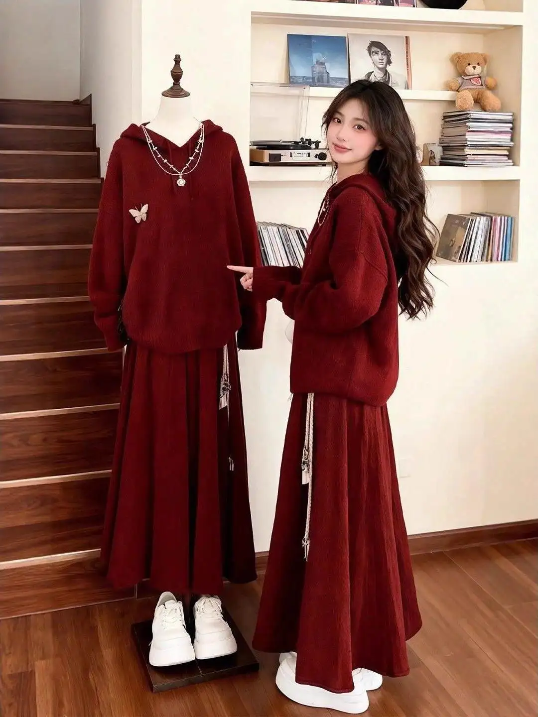 

Red Knitted Hat Set Winter Fashionable Casual Long Sleeve High Waist Wide Leg Pants Two Piece Set Breathable Polyester Filling