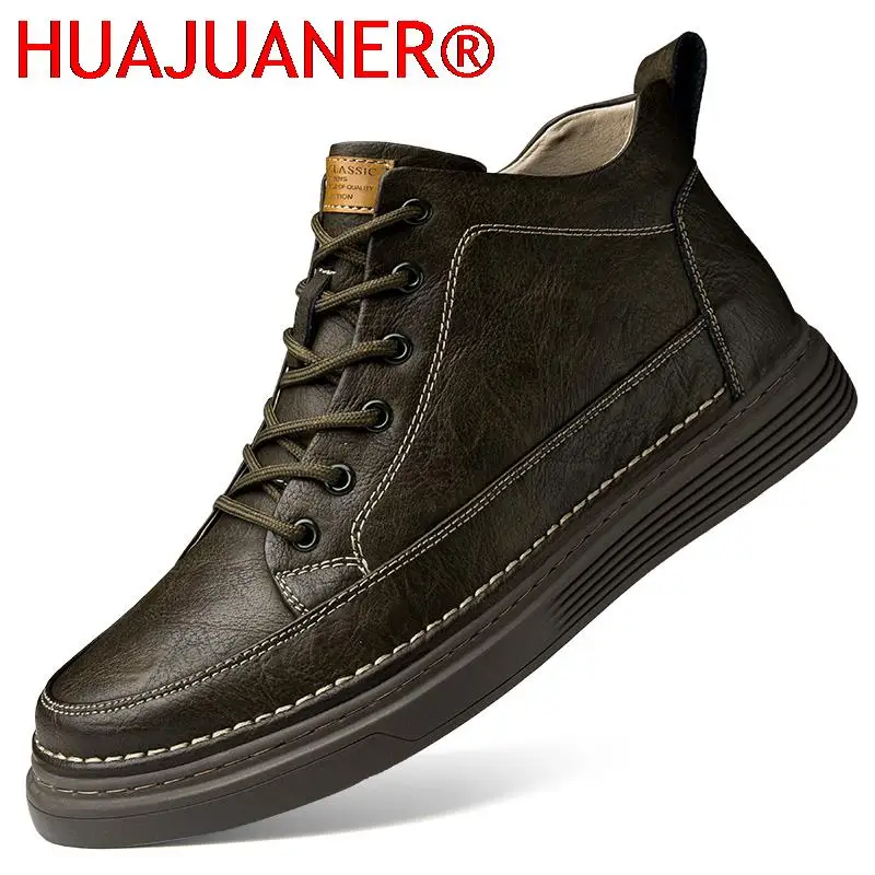 

Spring Autumn Mens Genuine Leather Ankle Boots Black Sneakers High Top Skate Shoes Men Casual Footwear Handmade Luxury Boots Man