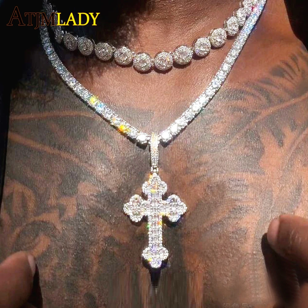 Mężczyźni Kobiety Hip Hop Krzyż Wisiorek Naszyjnik Pełny Paved Sparking Cubic Zircon Rope Chain Iced Out Bling CZ Biżuteria Moda Prezent