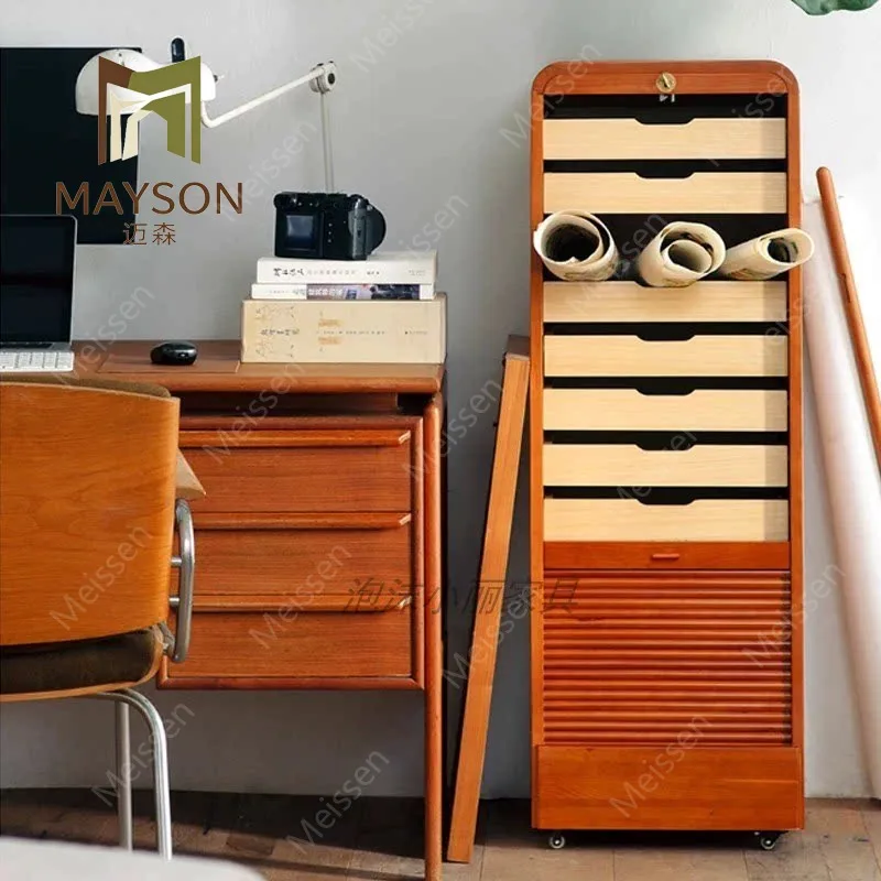 French retro chest cabinet,  solid wood  ancient style storage cabinet, drawer cabinet, rolling shutter door