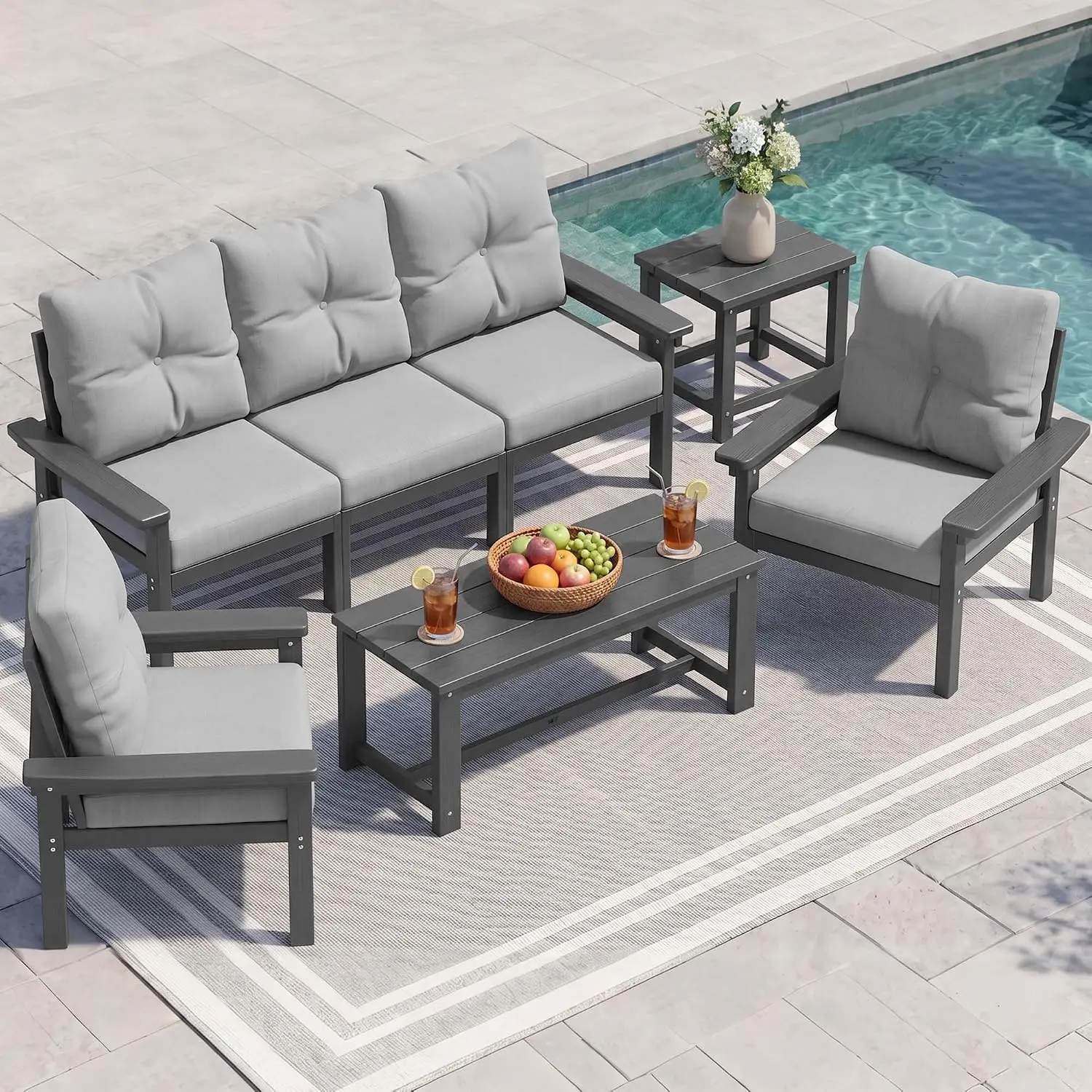 7PC HDPE Outdoor Patio Furniture Sets, Grey Frame/Grey Cushion, Customized