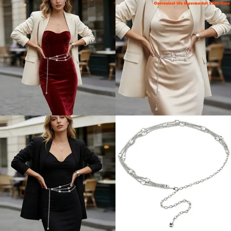 Q5WE Delicate Rhinestones Decors Waist Chain Cincher Chain Belt For Women Formal Event Fashion Body Jewelry for Party Dress