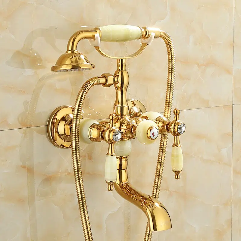 

Golden bathtub hot and cold faucet antique bathroom simple triple shower shower full copper