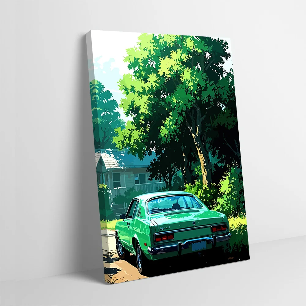 Green Car in a Rural Setting Poster Customizable Printed Canvas Painting for Pictures Wall Art Interior Accessories Wand Deko