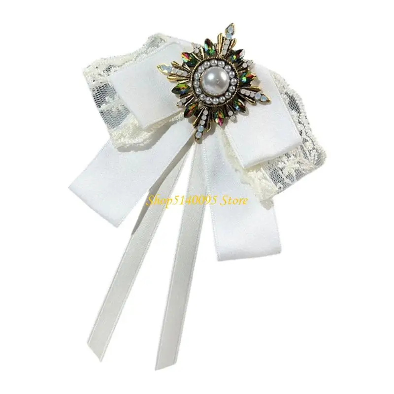 DXAE Traditional Lace Ribbon Tie Brooch Pin For Women Detachable Collar Flower Hand Embroidered Korean Shirt Dress Party