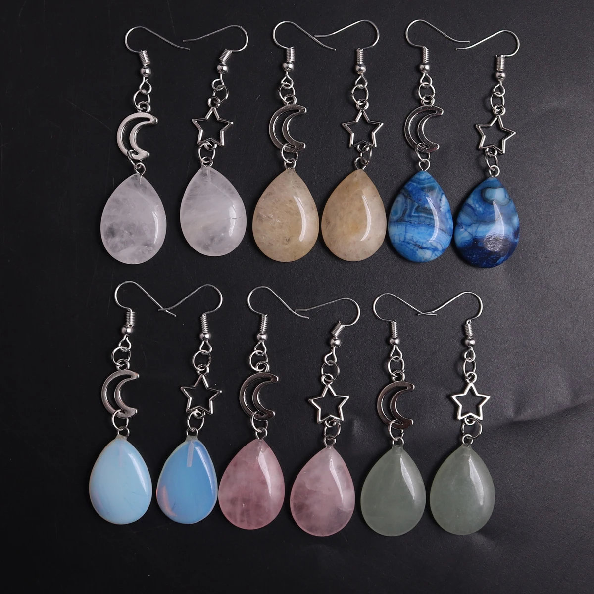 1Pair Bohemia  Dopamine Color Water Drop Natural Crystal Stone Rose Quartz Moon Sun Alloy Long Healing Earrings Jewelry