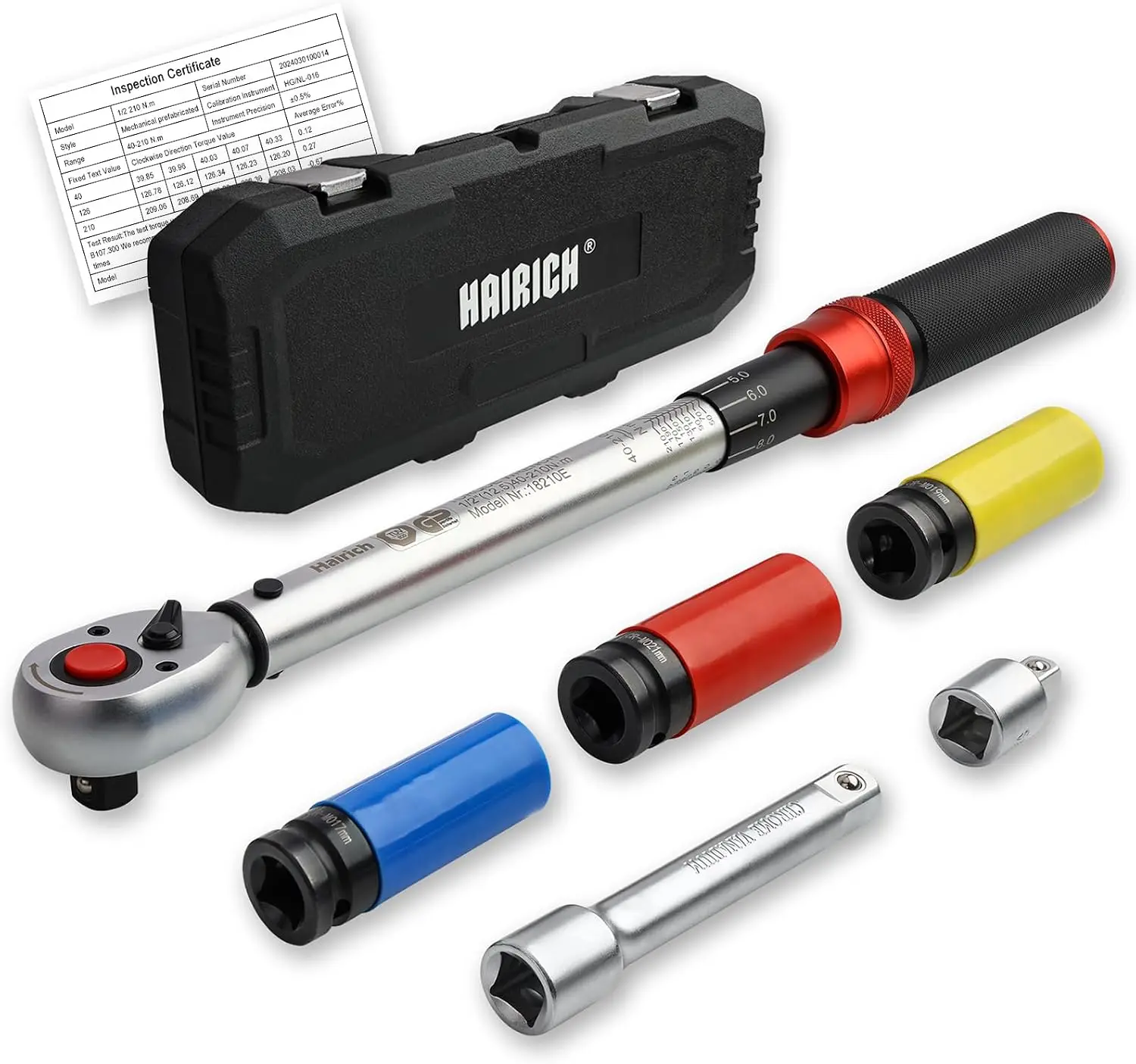 irich Drehmomentschlüssel Auto 1/2 Zoll, 40–210 Nm, TÜV Süd GS geprüft, 6-teilig. Drehmomentschlüssel-Set mit 125-mm-Verlängerung