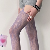 New Color Purple Tights Women Sexy Fishnet Flower Mesh Stockings with Garters Hollow Out Thigh High Socks Japanese JK Pantyhose