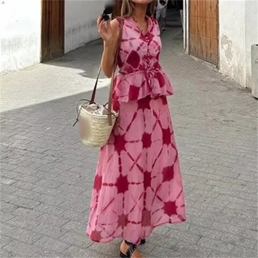 European And American Style Summer New Women\'s Clothing Retro Print Stand Up Collar Sleeveless Lace Up Top High Waist Skirt Set