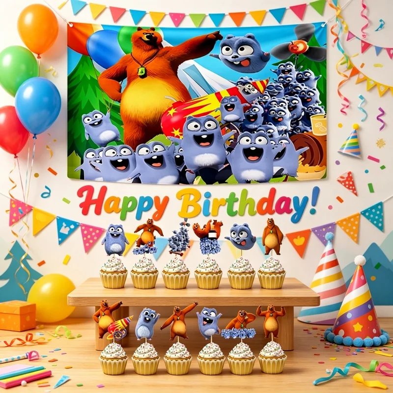 Grizzy and Lemmings Combination Cartoon Pattern Cups Plate Straws Cupcake Honeycomb Background Decor Birthday Party Arrangements