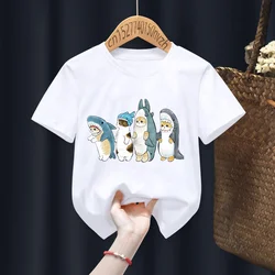 Camisetas con estampado de tiburón y gato para niños, ropa Kawaii Harajuku negra para niños y niñas, regalo, envío directo